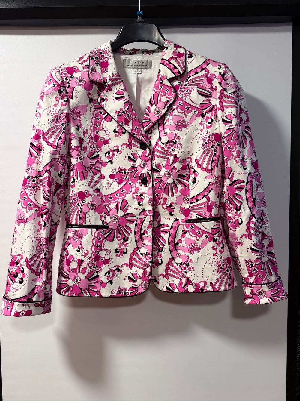 Tahari White and Pink Floral Notch Lapel Blazer - Picture 2 of 9